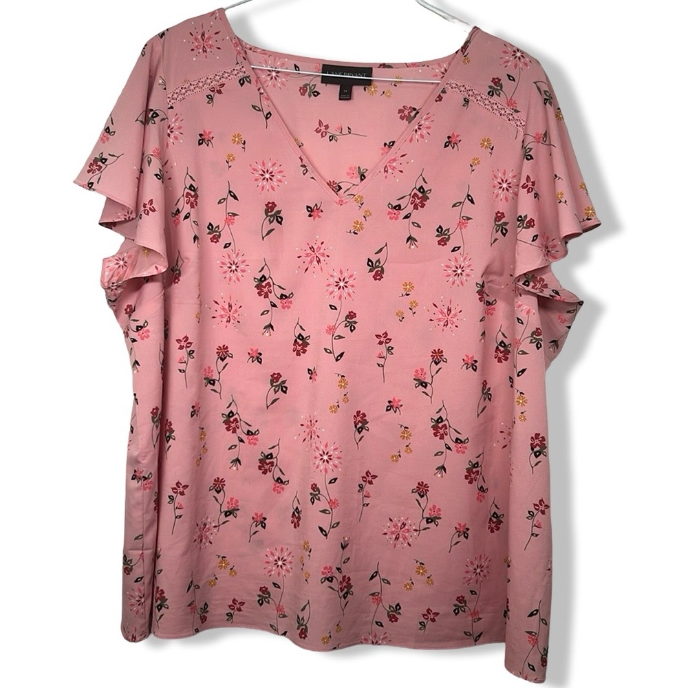 Lane Bryant Women’s Short Sleeve Pink Floral Print Blouse V Neck Size 24